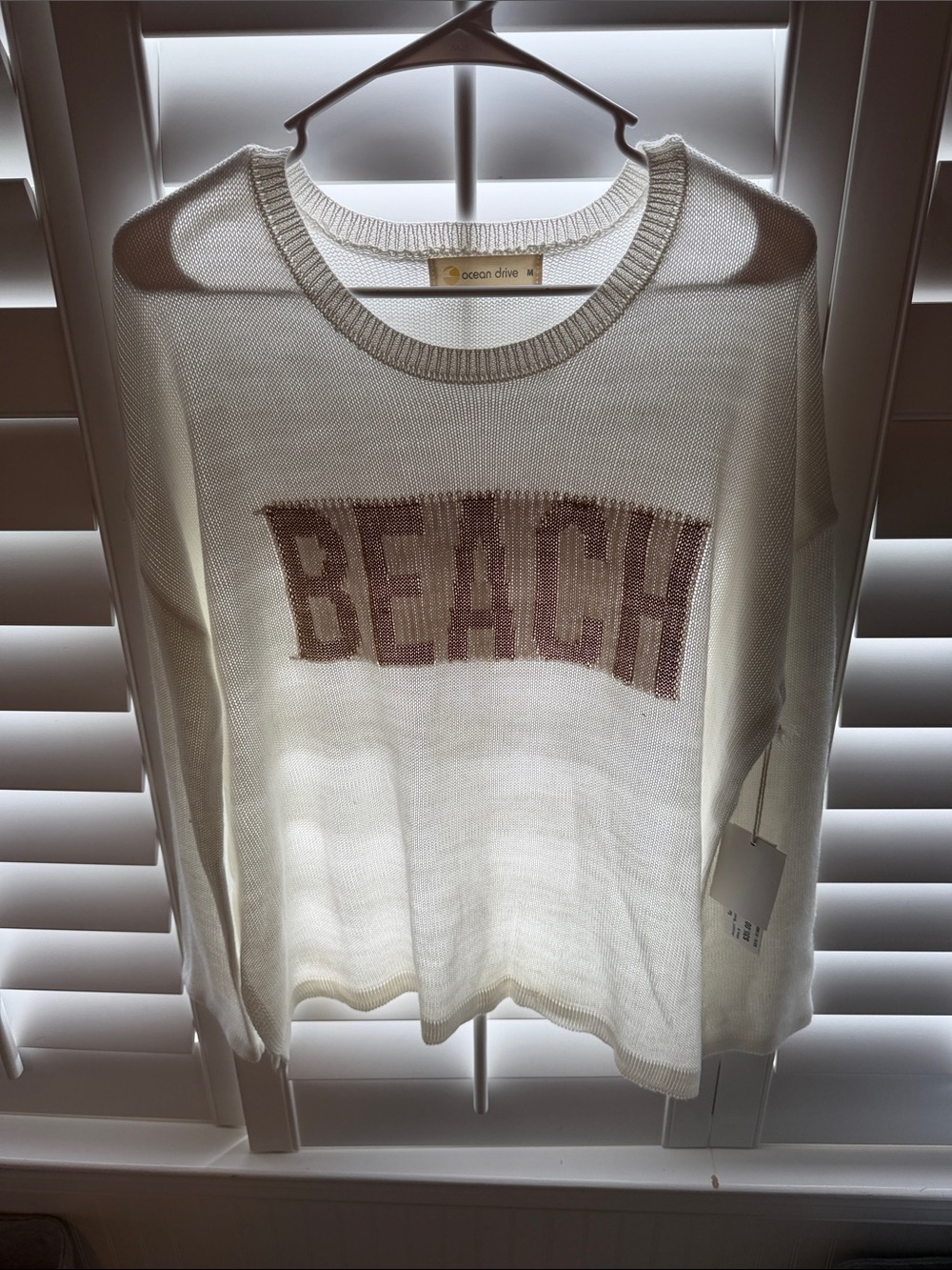 Ocean Drive Ivory Crewneck Sweater with Beige BEACH Print